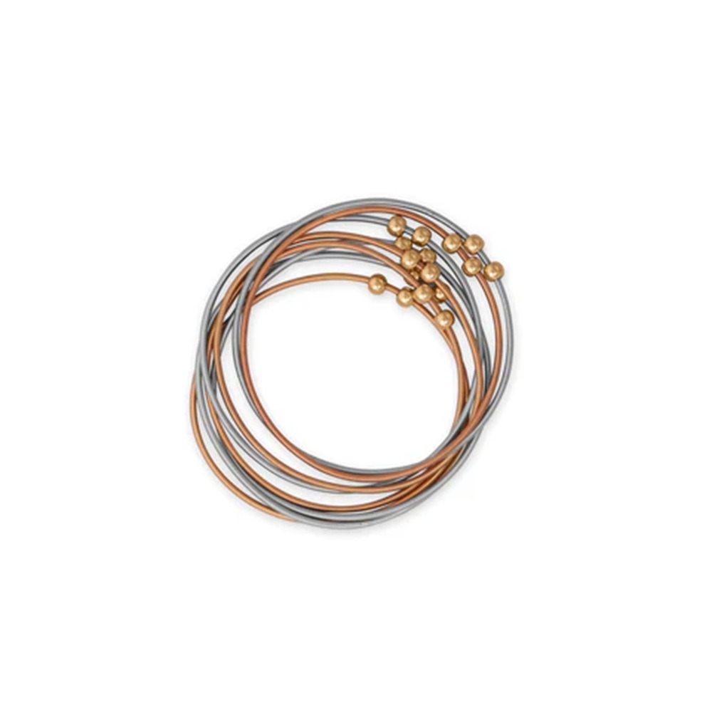 Guitar String Stretch Bracelet Set of 8, Two-Tone with Beads, 1.7mm Wide, Size 7